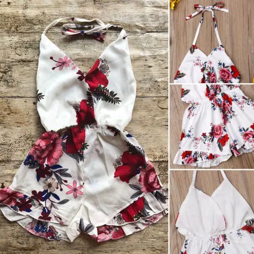 Летний кружевной комбинезон для новорожденных девочек с цветочным принтом