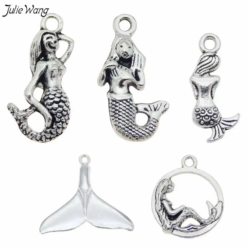 

Julie Wang 15pcs Mixed Mermaid Charms Jewelry Findings Antique Silver Color Key Chain Bracelet Hanging Accessory DIY Making