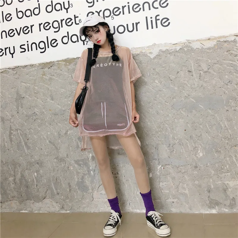 2 шт.! Ulzzang корейский Harajuku сетчатый топ женский сетчатый топ+ черный топики шикарные футболки блестящие Прямая поставка