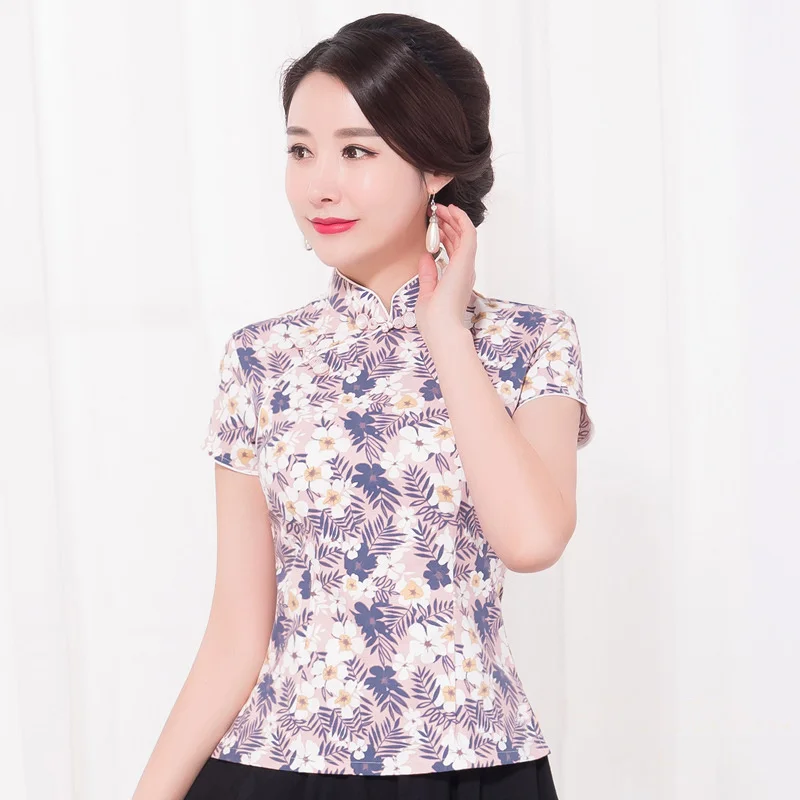 Летняя женская рубашка винтажная в китайском стиле с коротким рукавом на кнопках