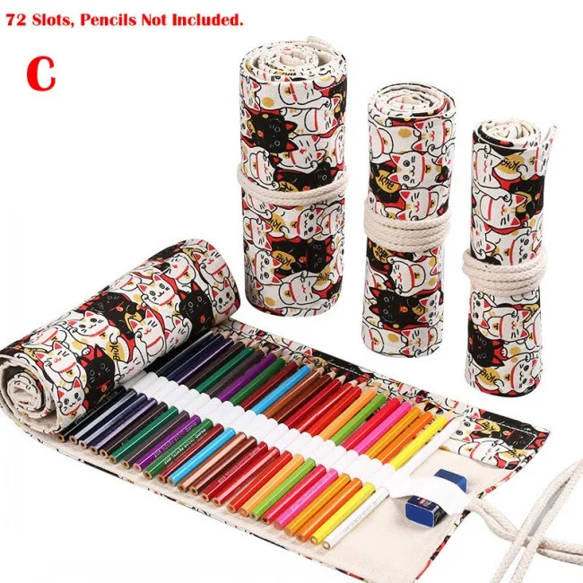 Color C 72 Slots Большой объем 72 слота 24 дизайна холст милый мультфильм Цветочный Печать закатать пенал для карандашей сумка для школы офиса - Цвет: Color C 72 Slots