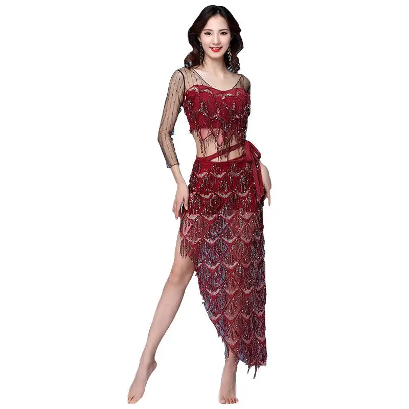 red long belt Новая мода Женская одежда для танца живота эластичная сетка сверкающие блестки над юбкой бахрома хип шарф костюм комплект из 2 предметов Топ и пояс - Цвет: red long belt