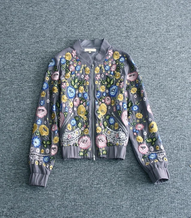 Женская куртка-бомбер на молнии Повседневная винтажная с вышивкой и бисером 2018 |