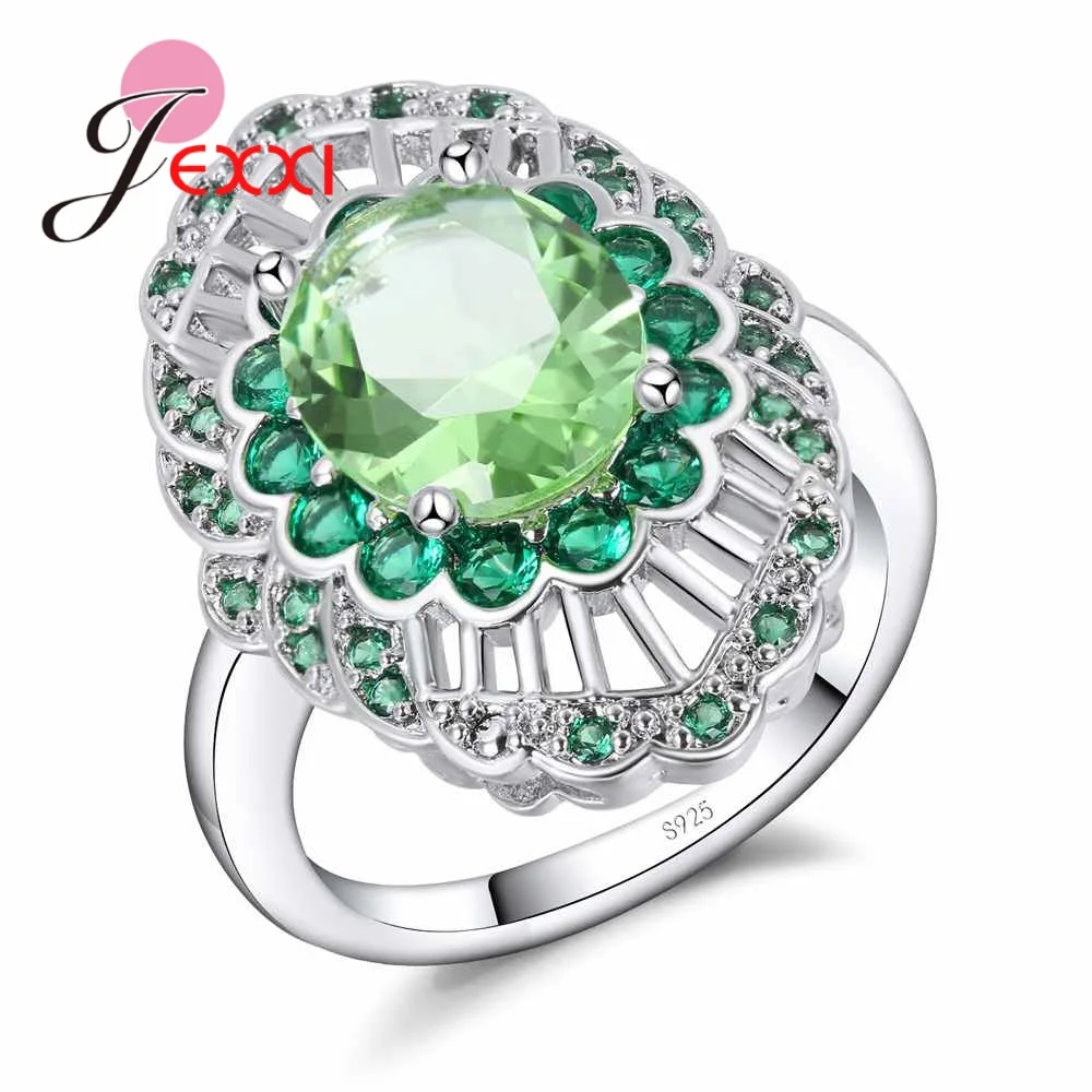 

100% Genuine 925 Silver with AAA Zircon Rings for Women Girls Green CZ Crystal Antique Hollow Out Jewelry Valentine's Gift
