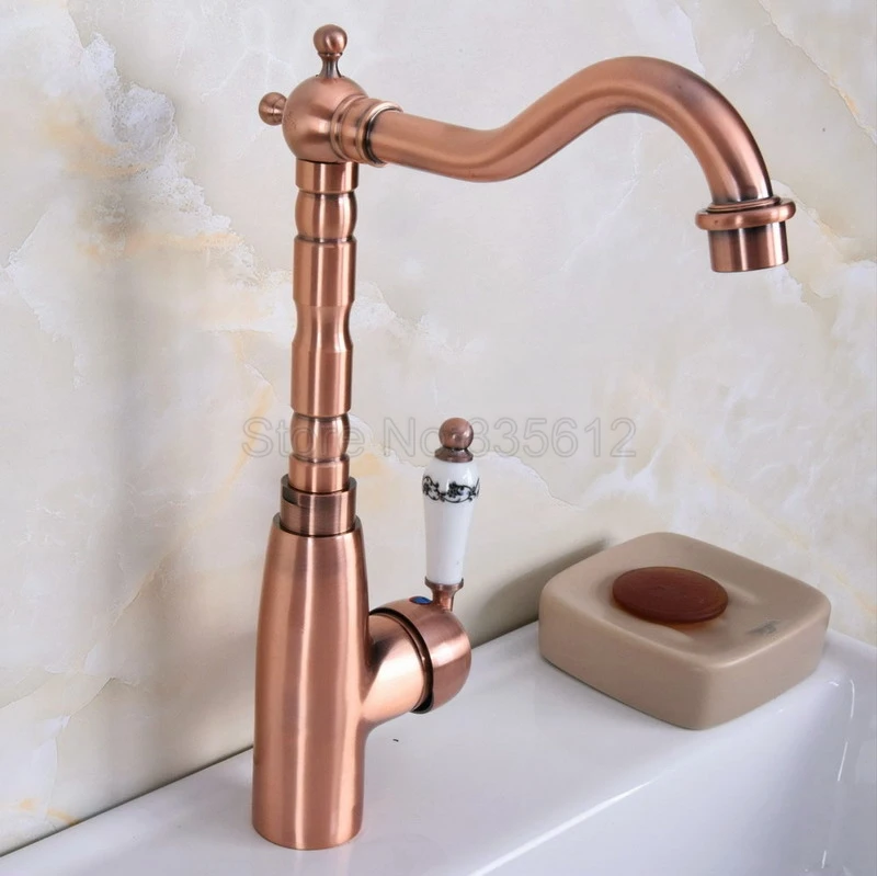 

Red Copper Swivel Spout Bathroom Faucet Wash Basin Mixer Sink Faucets Deck Mount Single Handle Cold & Hot Water Mixer Tap Wnf635