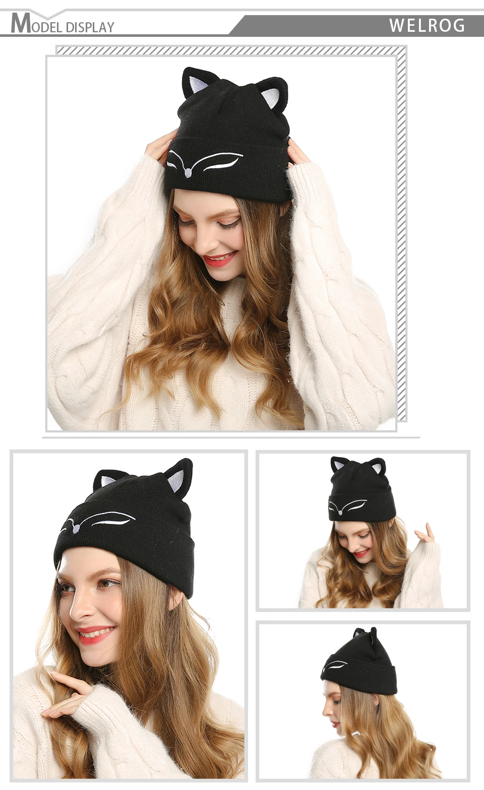 WELROG Skullies Gorros Новинка года осень кошачьи уши женские шапочки шапки для Весна Зима Трикотажные черный печатных повседневное шапки