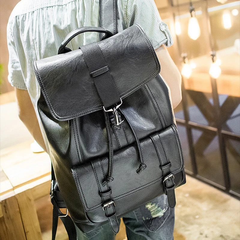 

Scione Luxury Men Leather Backpack High Quality Drawstring PU Backpacks Causal Travel Rucksack Laptop Bag Pack Male School Bags
