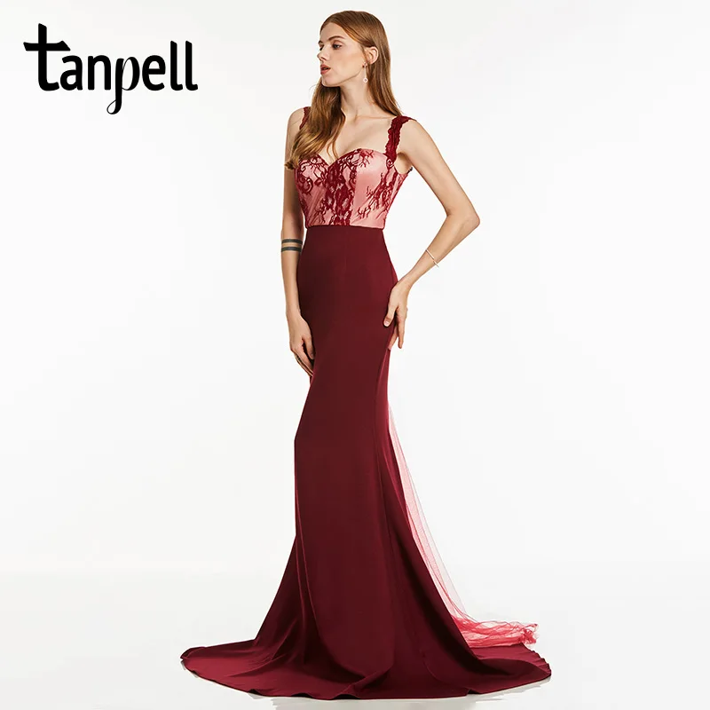 Tanpell ремни Длинные вечернее платье элегантные с красным кружевом без рукавов длиной до пола, платье дешевые женские вечерние Русалка вечернее платье ES