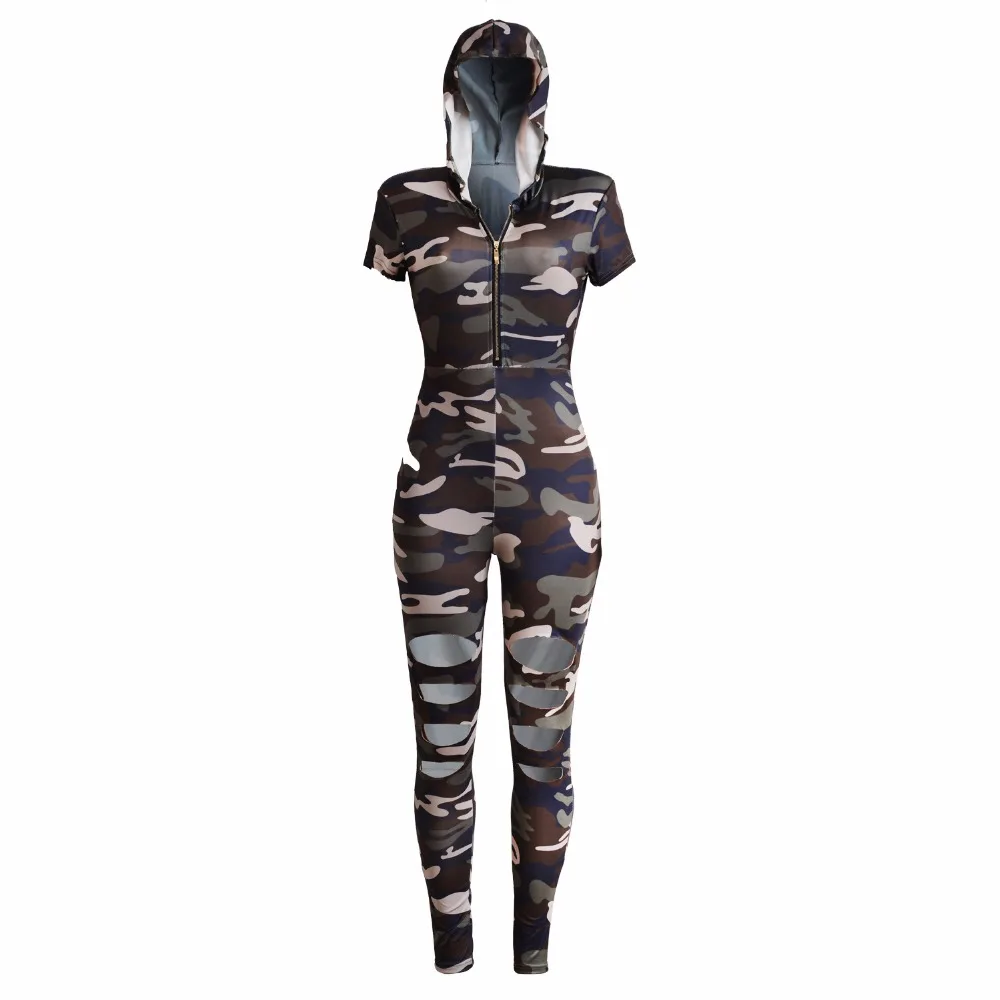 Cool Camouflage Print Women Short Sleeve Hooded Jumpsuit Fashion Hole Bodycon Bodysuit Zipper Front Rompers Long Pants Playsuit | Женская