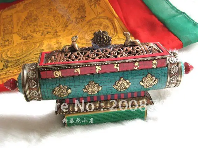 HDC0628 тибетская латунная винтажная курильница 30*11 см полые цветы бирюзовый цвет