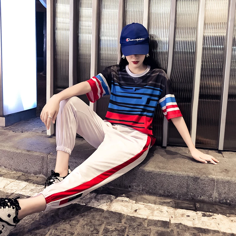 2019 женская летняя модная свободная футболка в горизонтальную полоску + широкие