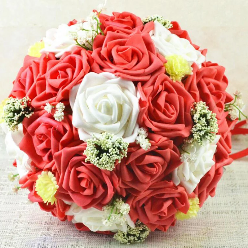 

100% New Handmade Mixed Color PE Rose Artificial Flowers Bridal Bouquets Hand Holding Flower Wedding Bouquet Decorative