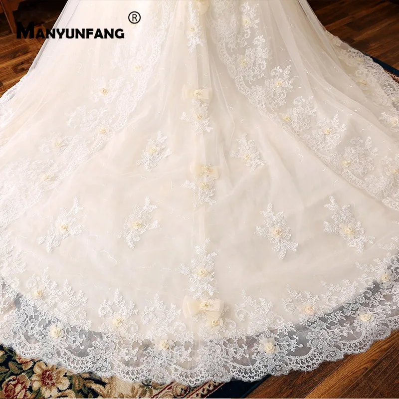 

MANYUNFANG Short Sleeves Wedding Dress 2020 Boat Neck Crystals Beads Long Train Wedding Dress Luxury Vestido Novia Trouwjurk