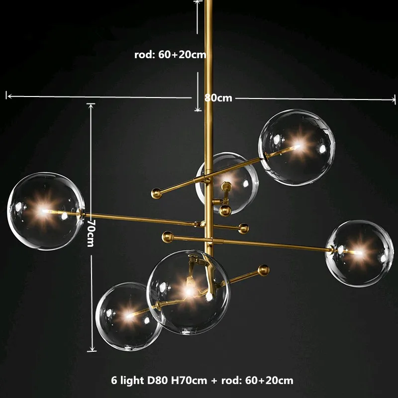 6 light D80cm Американский RH золото/черный металл G4 Led люстра прозрачный стеклянный кулон светильник-люстра в виде подсвечника Led Luminarias Lamparas светильники - Цвет абажура: 6 light D80cm