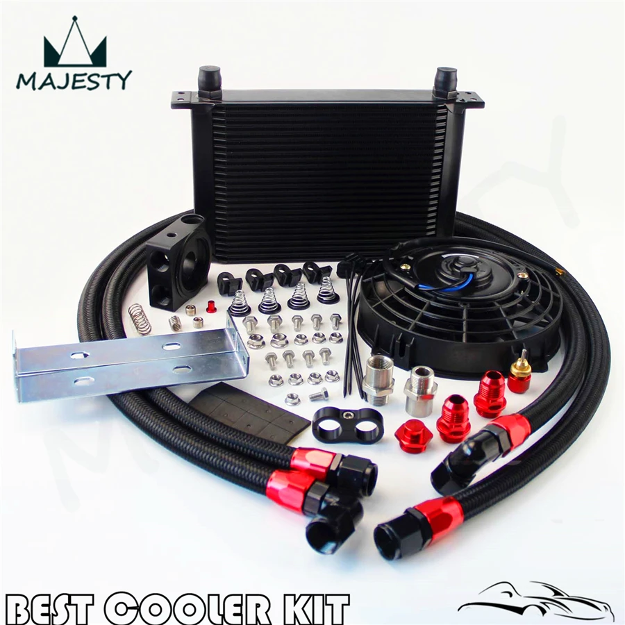 Universal AN10 25 Row Oil Cooler Thermostat Sandwich +7&quot Electric Fan kit |