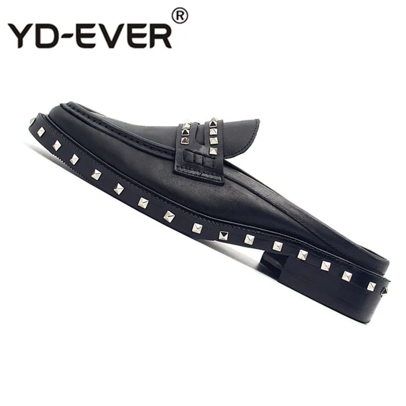Mules Black Half Cow Skin Runway Fashion Metal Men Shoes Italy Brand Large Size Sandals Rivet British Style Custom Stud Slides | Обувь