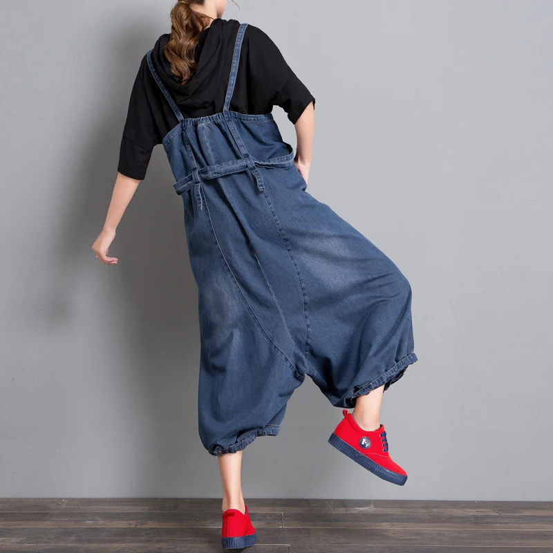 

Denim Bloomers pants women wide leg jean Jumpsuits Suspenders Joggers Large size Rompers baggy Low Crotch Overalls Trousers