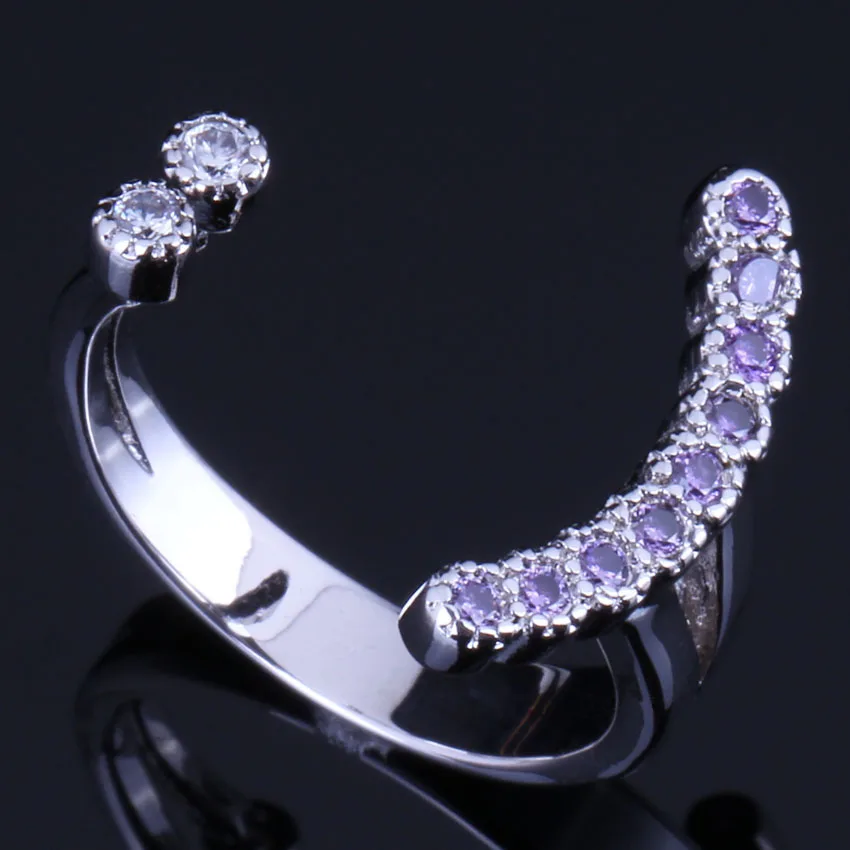 

Valuable Smile Purple Cubic Zirconia White CZ Silver Plated Open Ring V0662