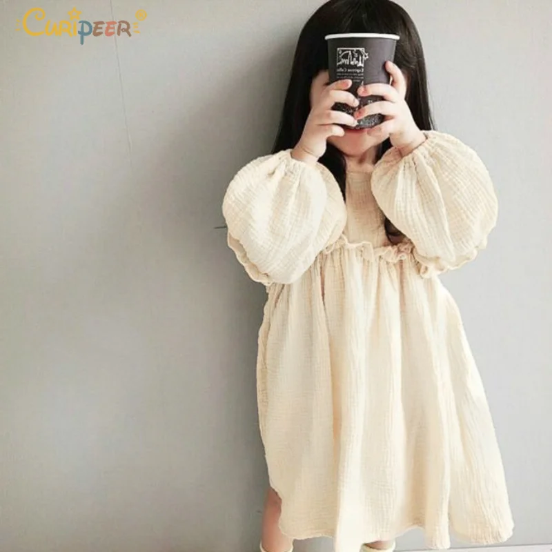 Curipeer 2019 Spring Kids Girl Dresses Linen Loose Beige Princess Dress Long Lantern Sleeve Korean Country Style Ruffles | Детская