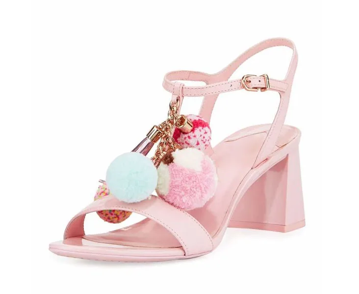 

New Multi Bobbles Tassel Chains Pedant Chunky Heels Summer Gladiator Sandals Ladies Pointed Toe Ankle Strap Runway Shoes