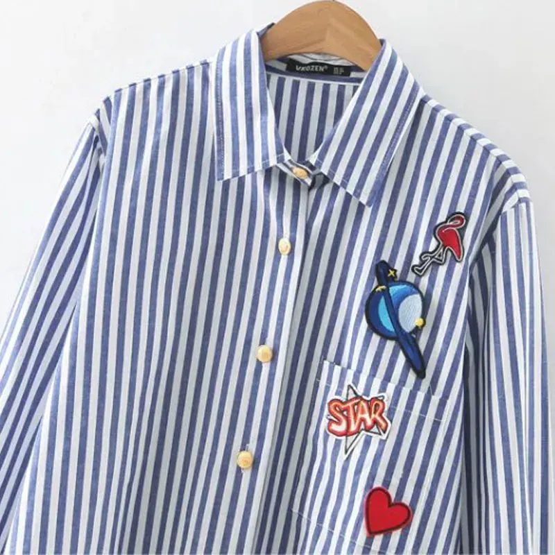 Linshow мультфильм вышивка Синий Полосатый Женщины блузка кнопки Карманы с длинным