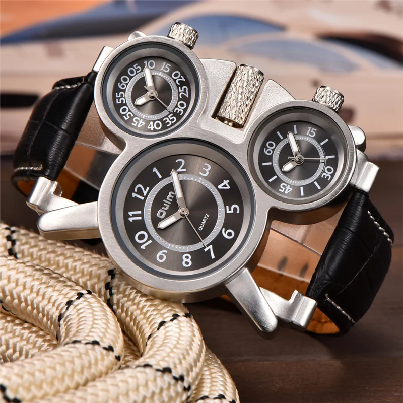 

Oulm 1167 Men Watches Three Time Zone Casual Leather Strap Wristwatch Luxury Brand Male Quartz Watch Relogio masculino