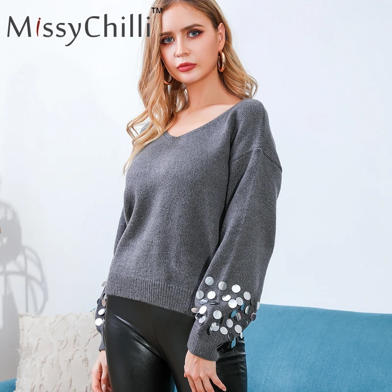 Женский вязаный джемпер MissyChilli серый с длинными рукавами и пайетками на осень