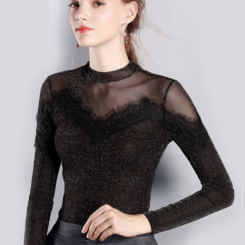 Модная женская кружевная Сетчатая футболка новинка весенне осенние