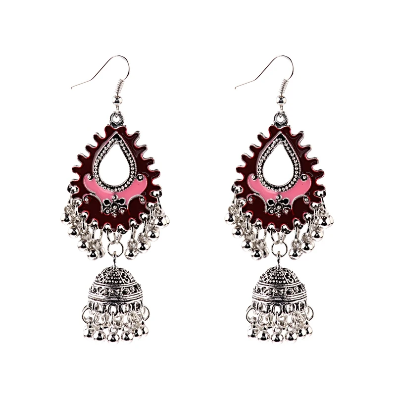 HXE075-5 TopHanqi индийские цыганские украшения Jhumka, серебряные, Boho, винтажные Этнические женские серьги, полые Висячие серьги для женщин - Окраска металла: HXE075-5