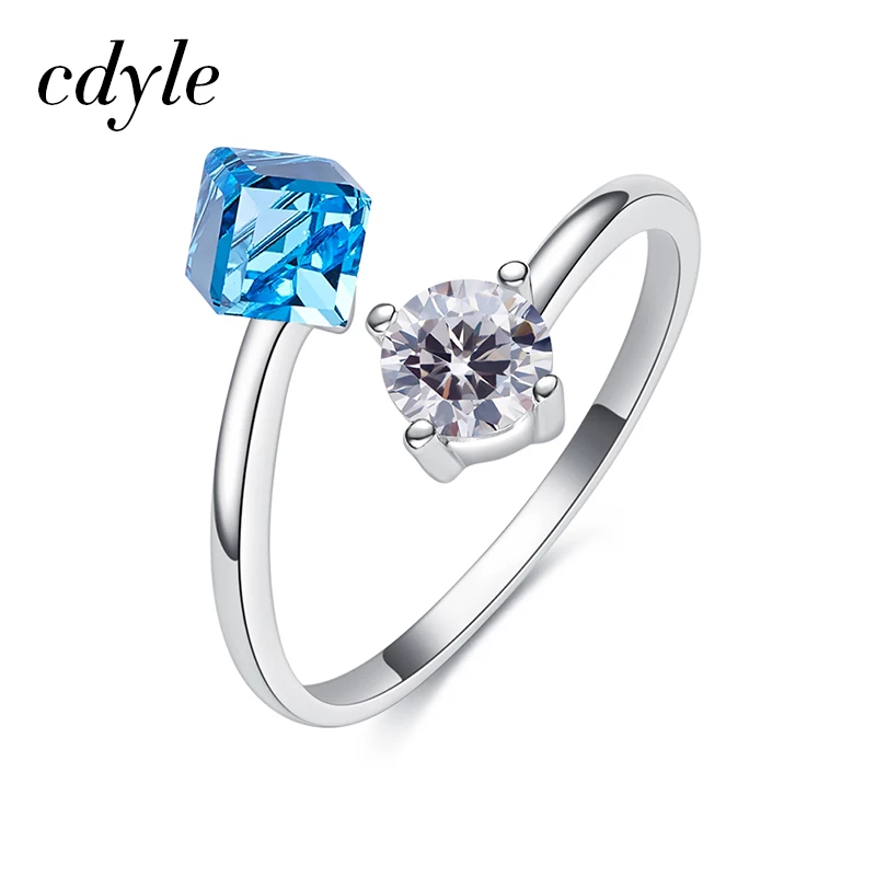 Sea Blue Cdyle 925 пробы серебряные кольца свободного размера для женщин украшенные кристаллами обручальные кольца кубическое Кристальное кольцо - Цвет основного камня: Sea Blue