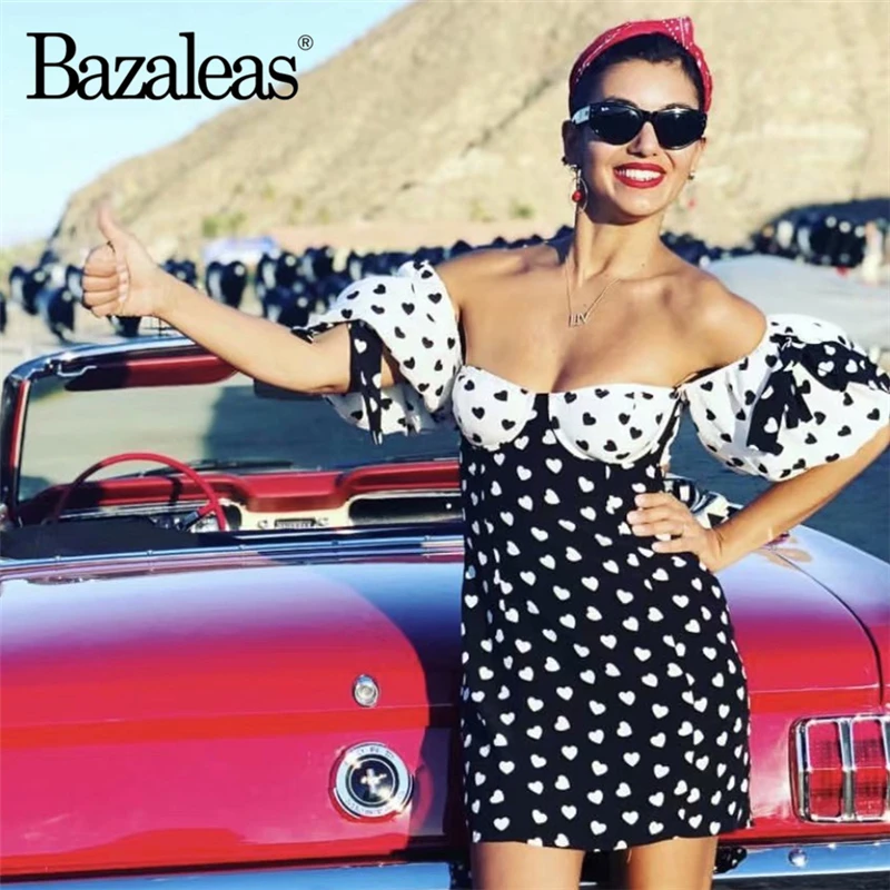 Bazaleas винтажное лоскутное тонкое женское платье с принтом сердца vestidos с открытыми плечами и галстуком женское платье es повседневное Прямая