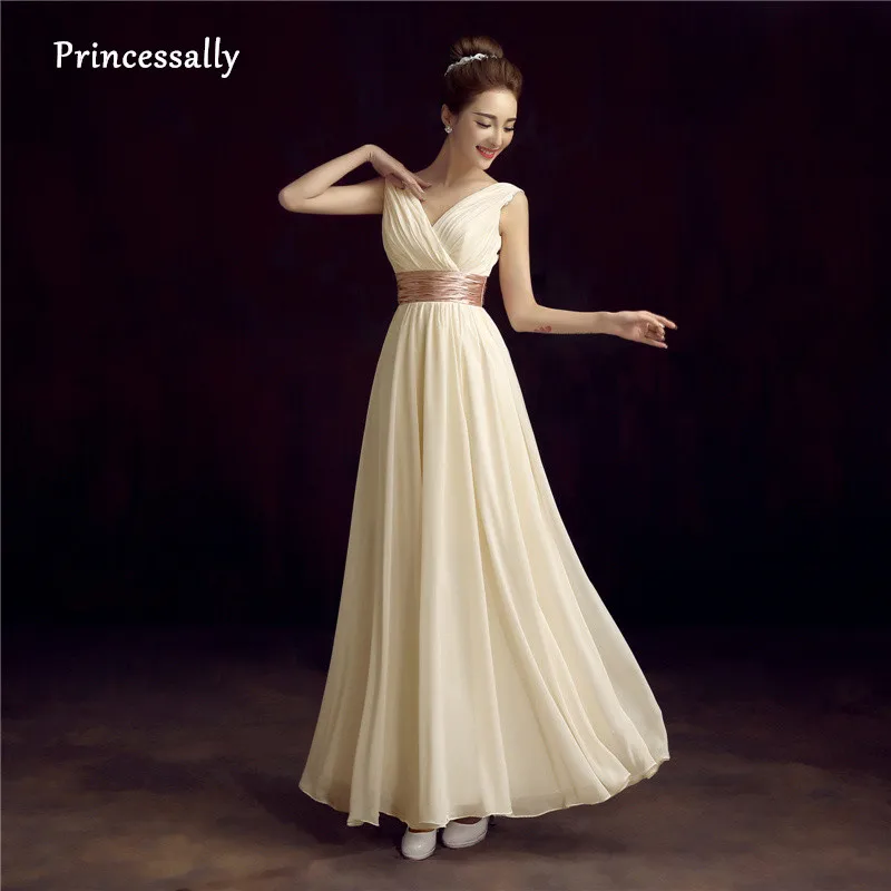 Женское длинное платье невесты шифоновое элегантное цвета шампанского с v