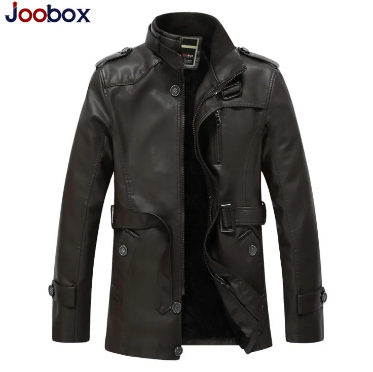 Dark Brown JOOBOX, Зимние флисовые мужские длинные кожаные куртки, пальто, повседневная мужская ветровка, высокое качество, водостираемые Куртки из искусственной кожи - Цвет: Dark Brown