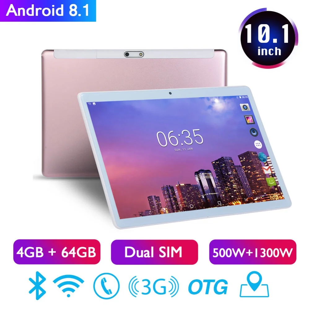10,1 дюймов 4 Гб+ 64 ГБ Android 8,1 WiFi планшетный ПК двойная SIM Двойная камера 3g телефон Pad планшеты с адаптером питания ЕС/США