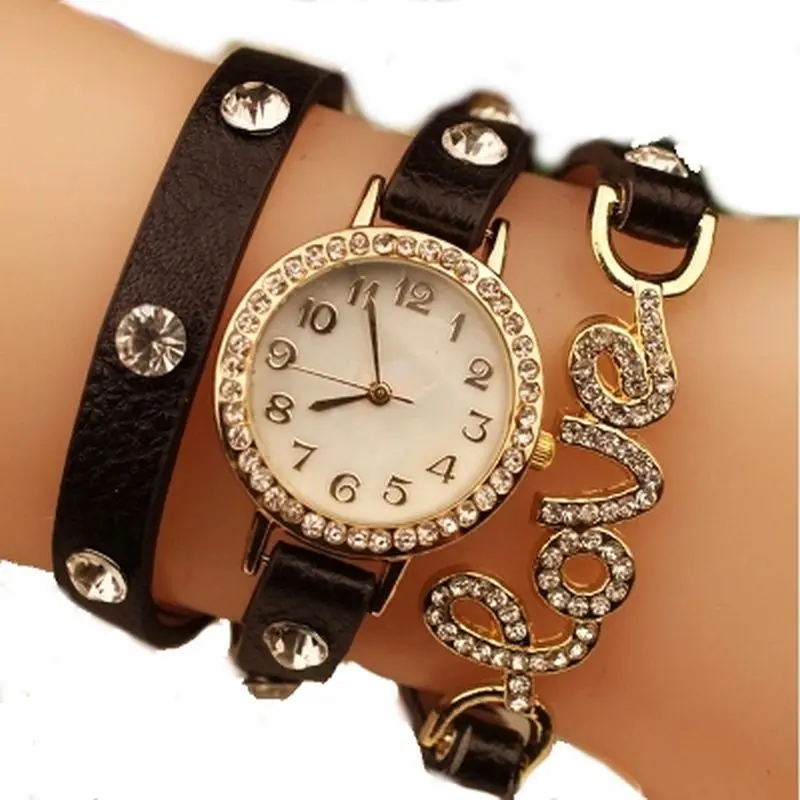 

Bracelet watch women LOVE Charm PU Leather strap Girl wristwatch Crystal stones Golden Rhinestone Vintage Fashion
