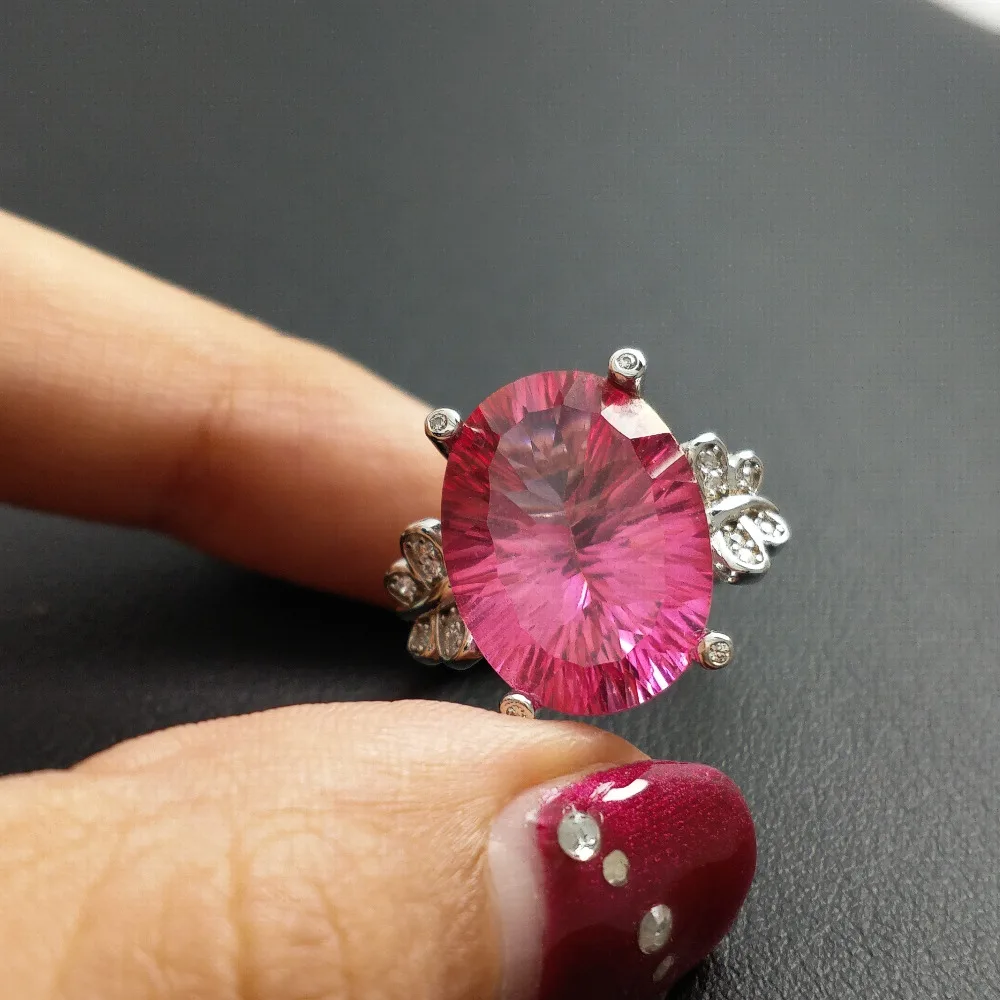 FLZB, ювелирные украшения 12.8ct большое кольцо с натуральными драгоценными камнями розовый топаз вогнутый вырезанный 12*16 мм из стерлингового серебра 925 пробы с золотом огромное кольцо