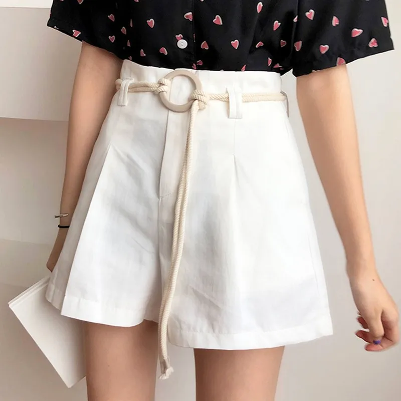 Корейский стиль плюс размер свободные однотонные женские шорты с поясом модные
