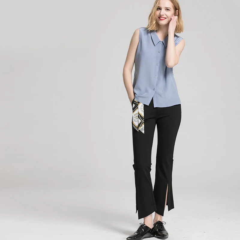 Women Silk Shirt 100%Real silk Sleeveless Solid Button T shirt 2019 Summer New Top Office lady Slate Blue | Женская одежда
