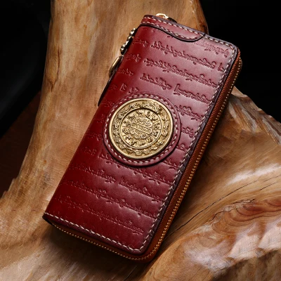 

Handmade Women Carve Tibetan Modes of Ancient Chinese Music Medallion Wallets Purses Men Clutch Vegetable Tanned Leather Wallet