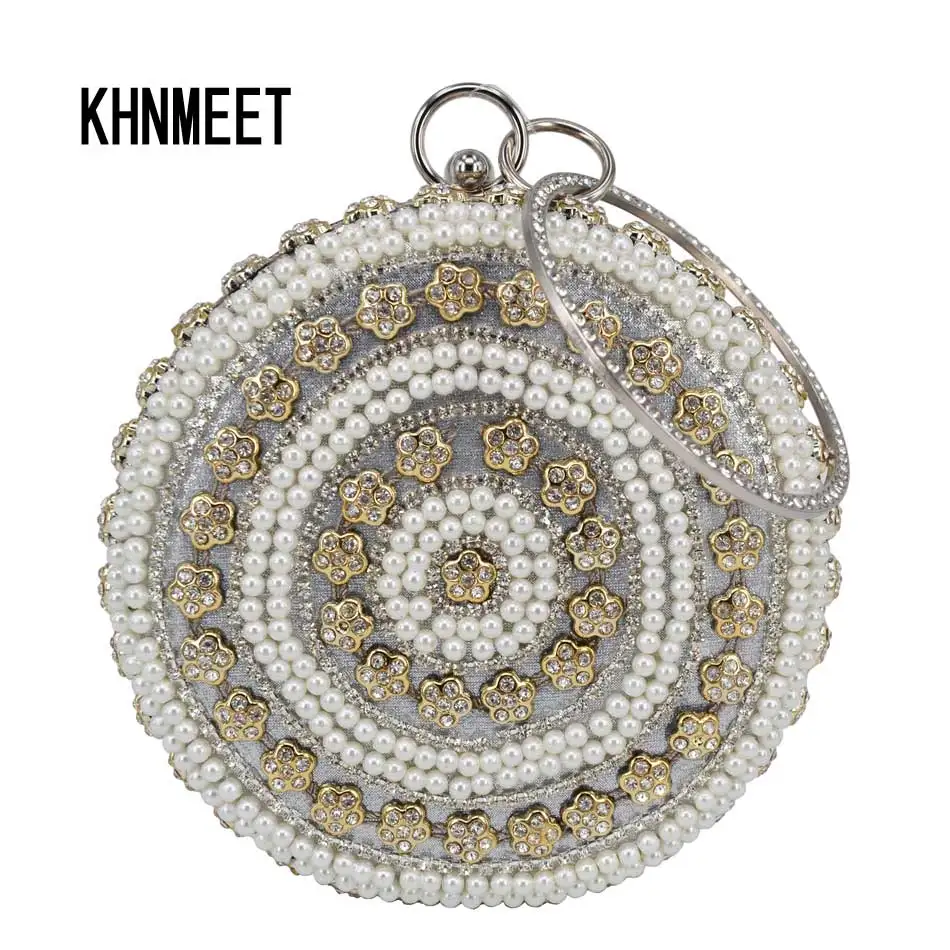Женская круглая сумочка на цепочке с кристаллами и жемчугом|evening bags|bag womenparty bags |
