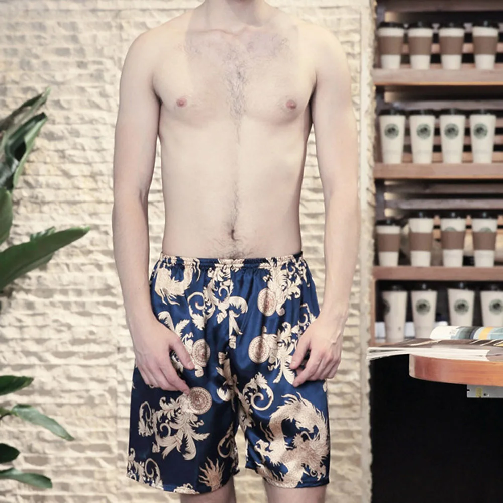 Мужские шелковые атласные спальные штаны с принтом домашние пижамные эластичной