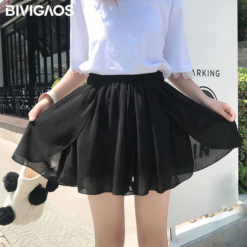 BIVIGAOS Новые Мода и досуг Летние шифоновые шорты корейские женские двухслойные широкие Свободные повседневные шорты с высокой талией Короткая юбка для женщин