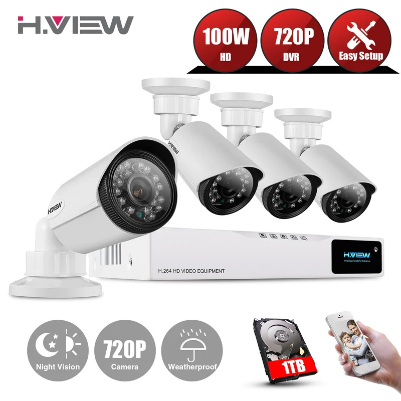 H. View 720 P Системы ВИДЕОНАБЛЮДЕНИЯ 1 ТБ HDD Камеры Безопасности 4CH AHD DVR 4 Наблюдения
