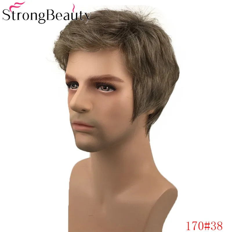 StrongBeauty короткие прямые синтетические мужские парики натуральный черный/серый полный монолитным парик термостойкие волосы