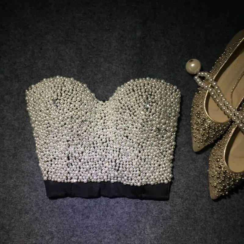 Женский топ бюстье ручной работы с жемчугом и белыми бусинами украшенный