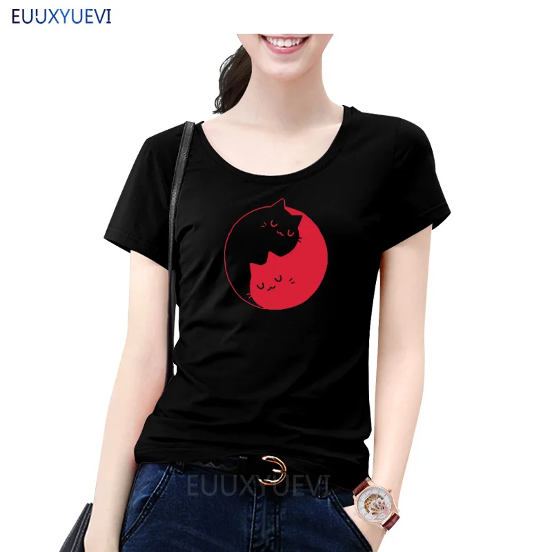 Женские топы Yin and Yang Cat хлопковая футболка с коротким рукавом модная летняя