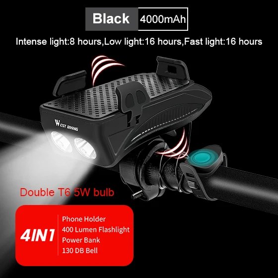 4000 mAh Black WEST BIKING держатель для телефона на велосипед, светильник-рожок, перезаряжаемый светильник-вспышка, внешний аккумулятор, держатель для телефона для iPhone, держатель для сотового телефона - Color: 4000 mAh Black