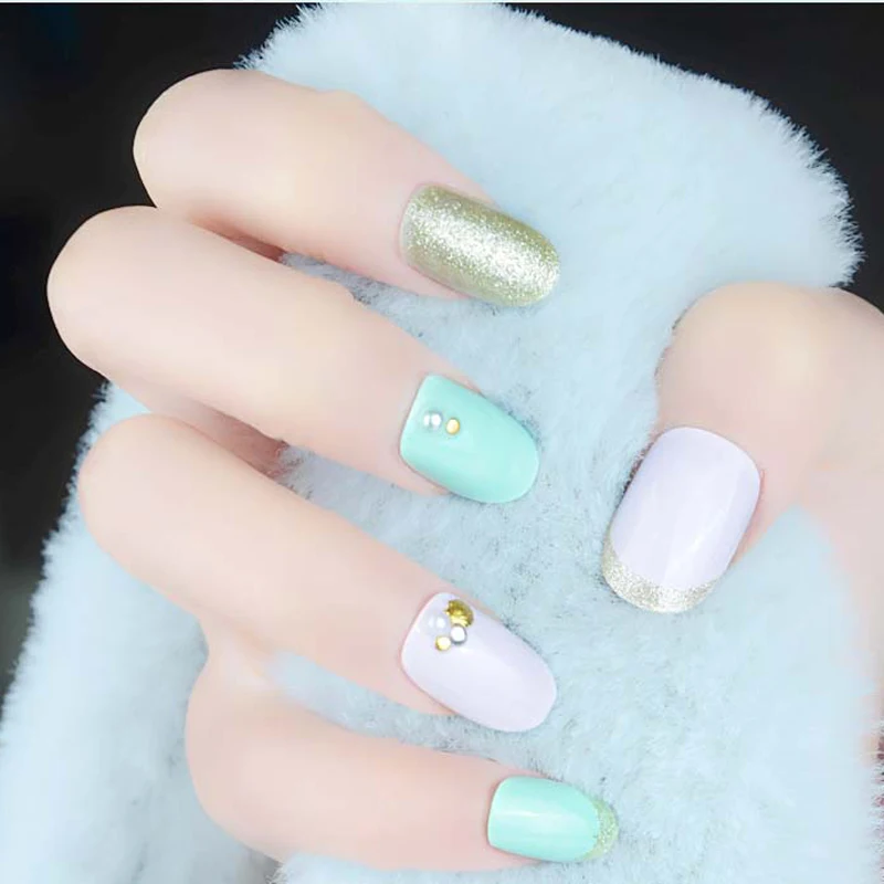 Новый Овальный поддельные Дизайн ногтей советы В виде ракушки золотой металлик