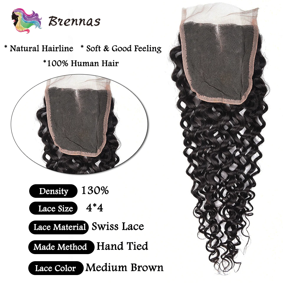Brennas малазийские вьющиеся волосы с закрытием, человеческие волосы, волнистые волосы Remy, пряди с закрытием, натуральный цвет, средний коэффициент 8-26'