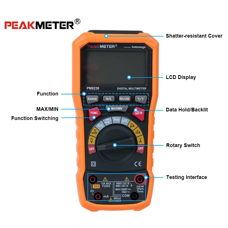 SHGO PEAKMETER PM8236 авто ручной Диапазон Цифровой мультиметр с TRMS В 1000 Температура